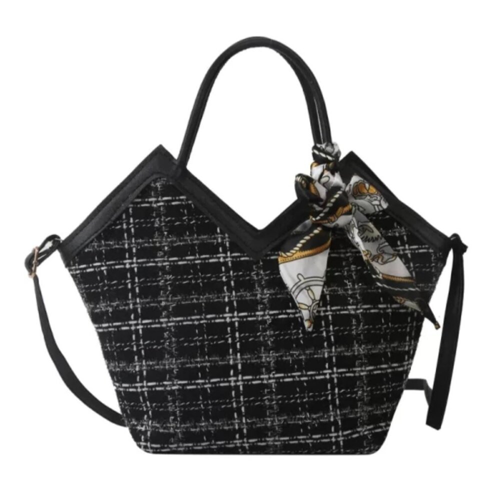 Black Plaid Handbag with White Lines & Decorative